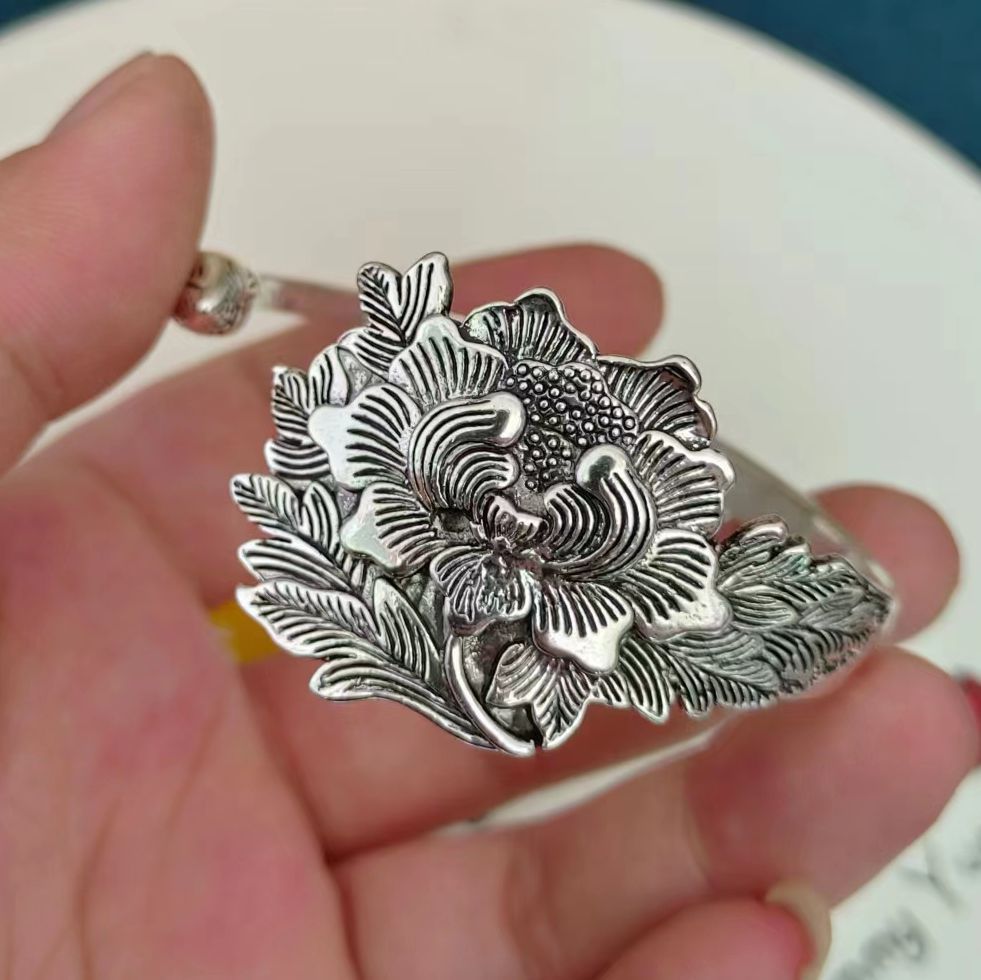 泰银手镯女款民族风花苞开口女款凤穿牡丹国潮风镀银镯子饰品批发