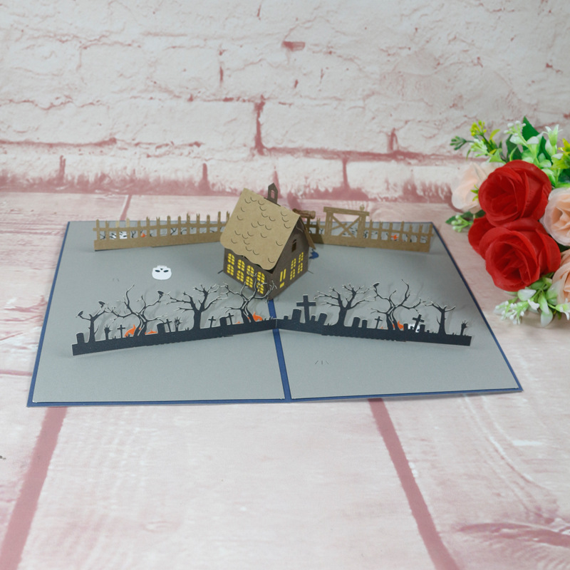 万圣节森林房子3d立体贺卡纸质工艺品图文印刷设计定做图案新年卡