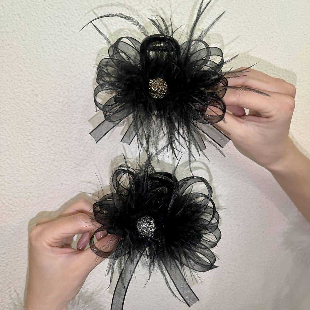 高级感闪闪羽毛丝带抓夹氛围感超仙感毛毛鲨鱼夹轻奢气质优雅