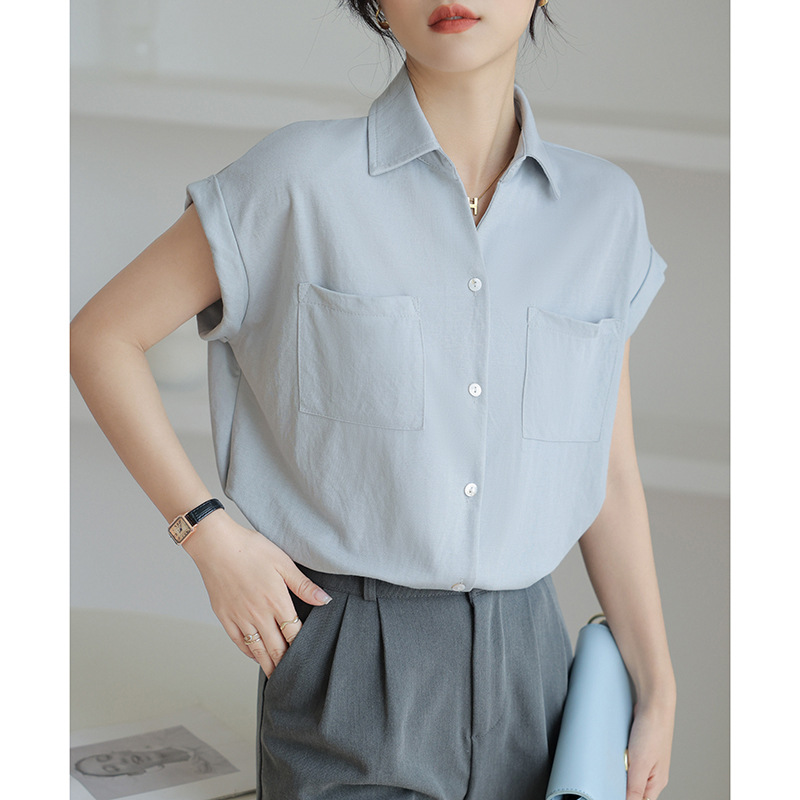 宽肩无袖翻领薄衬衣女2024夏季新款韩版气质通勤宽松衬衫上衣