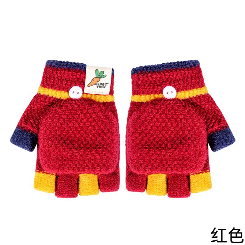 Elementary School Children's Half Finger Gloves Winter Warm Open Finger Flip Knitted Wool Cute Girl Children Wholesale