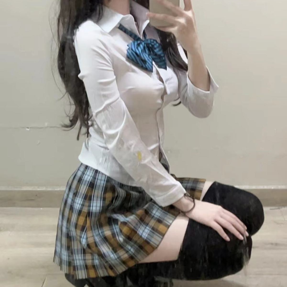 两件套/单件原创jk制服高腰百褶裙女秋刀鱼格裙收腰衬衫套装秋冬