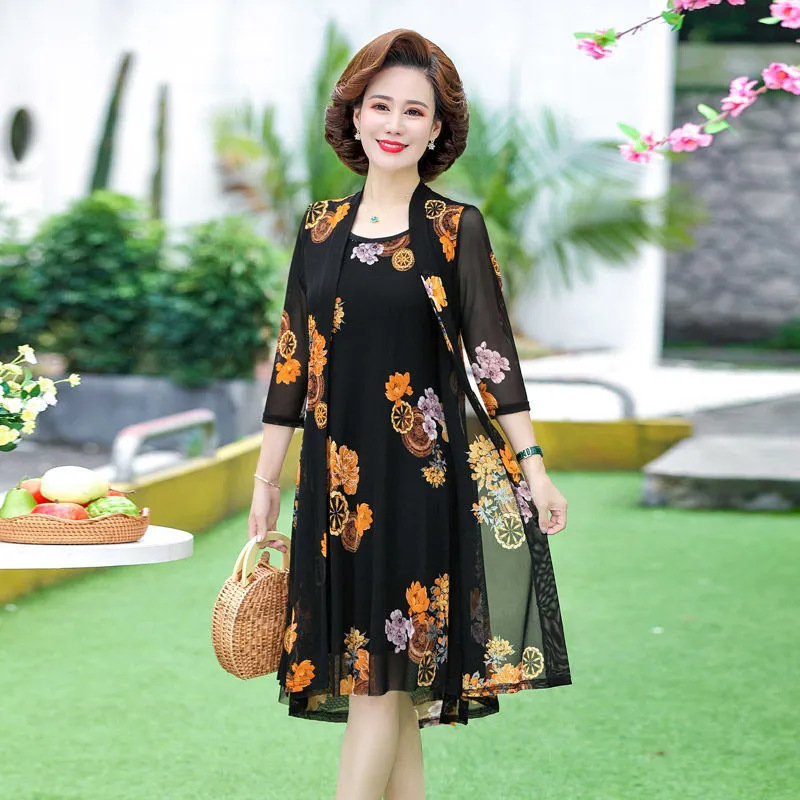 Middle-Aged Women Mom Spring and Autumn Suit Dress Summer Dress Middle-Aged and Elderly Wide Lady Two-Piece Dress Western Style 50-Year-Old 40