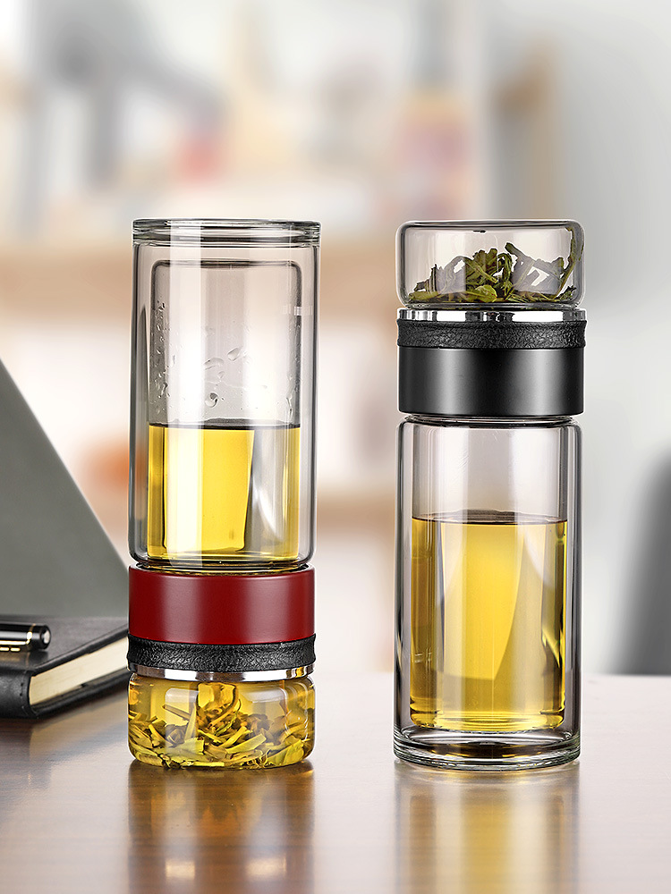 男士双层茶水分离玻璃水杯便携保温大容量杯子带过滤网茶叶泡茶杯