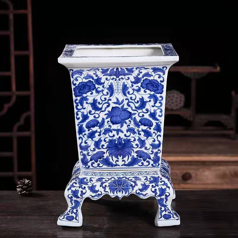 景德镇陶瓷手绘四角新中式高手绘青花瓷花盆龙罗汉松树盆景兰花盆