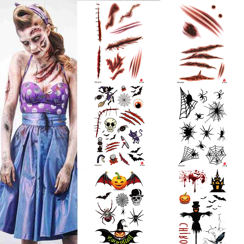 Halloween Tattoo Sticker Horror Series Tattoo Sticker Small Flower Arm Waterproof Tattoo Sticker Scar Tattoo Sticker Face Pasters