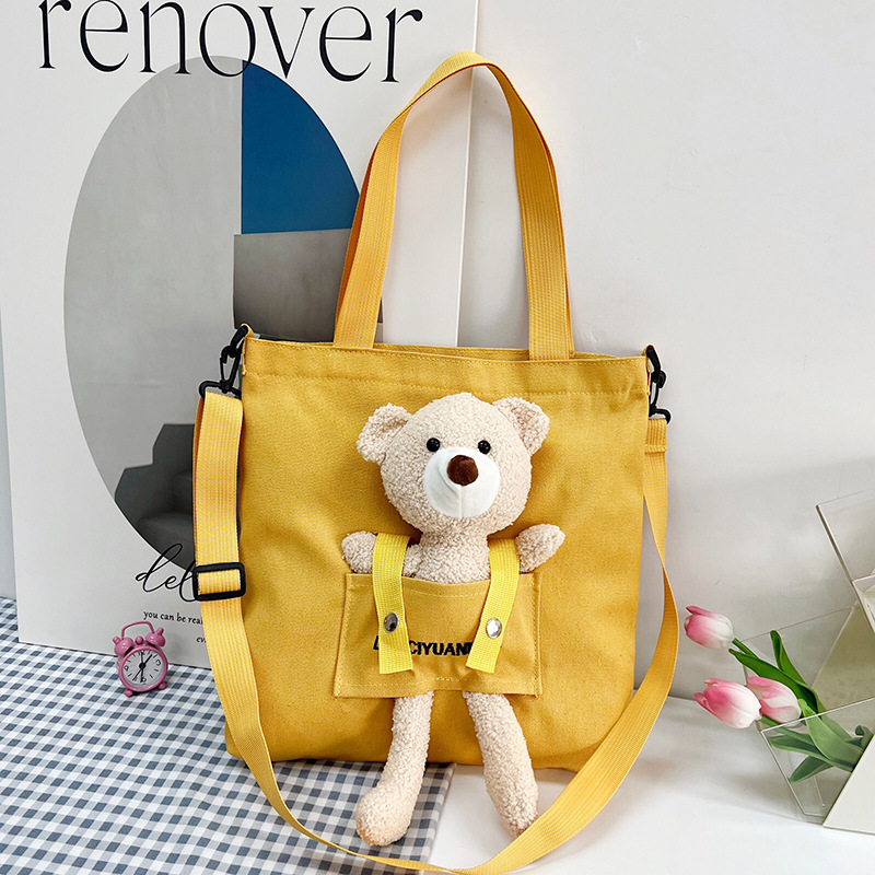 Factory Foreign Trade Large Capacity Cute Bear Canvas Bag Female 2023 Student Class Messenger Bag Literary Shoulder Bag