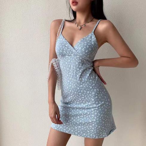 European and American Pure Desire Retro Printed V-neck Strap Dress Women's Summer 2023 New Floral Slip Dress Women's Foreign Trade
