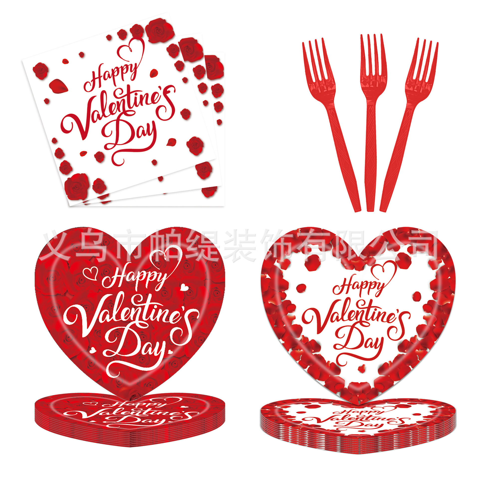 跨境新款红色情人节派对装饰玫瑰花瓣爱心纸盘餐具用品布置套装