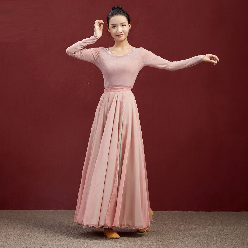 中国风民族古典舞蹈大摆裙练功演出服装720度飘逸双层天丝长裙子