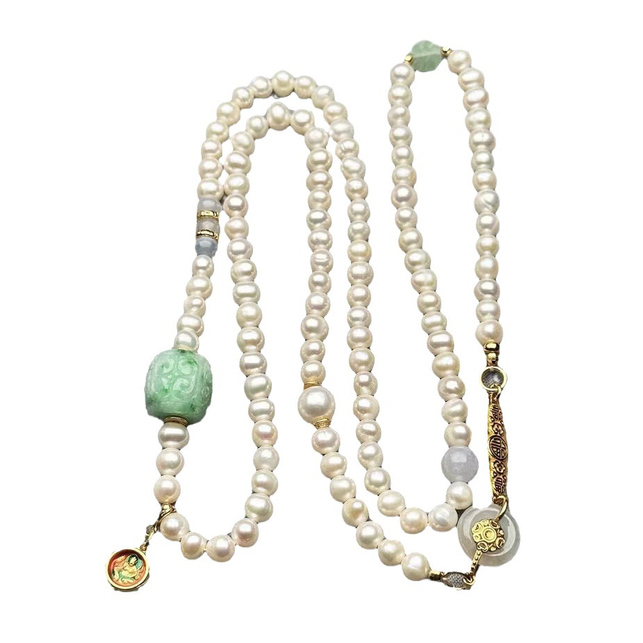 Natural a Goods Jade Pattern Beads Freshwater Pearl Sweater Chain Women's Cheongsam Accessories Pendant Long Necklace Wholesale
