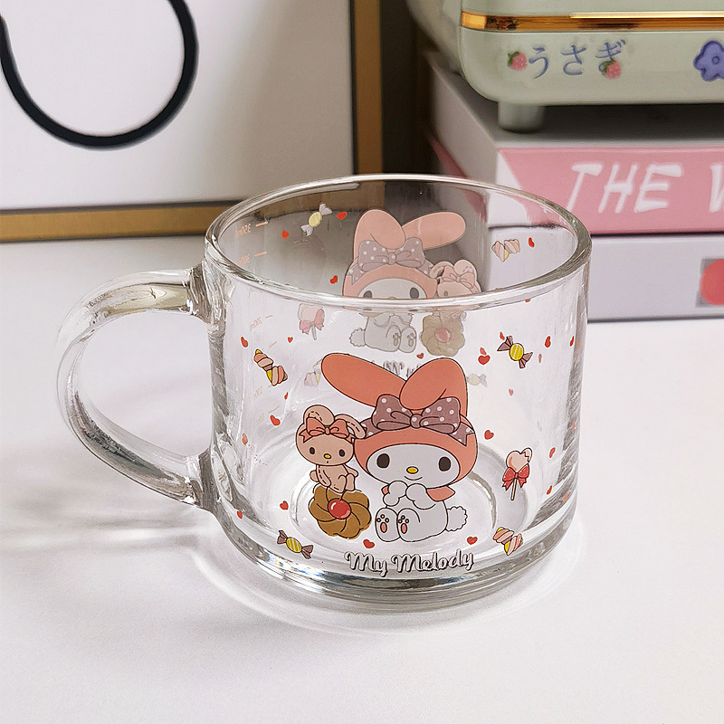 Cartoon Glass Cup Clow M Melody Cinnamoroll Babycinnamoroll Children's Milk Cup Straw Cup with Cover Spoon Breakfast Cup