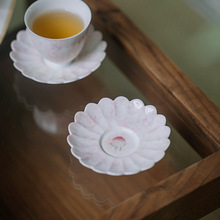 纯手绘桃粉茶杯垫陶瓷小杯托家用防烫隔热垫禅意功夫茶具品茗杯托