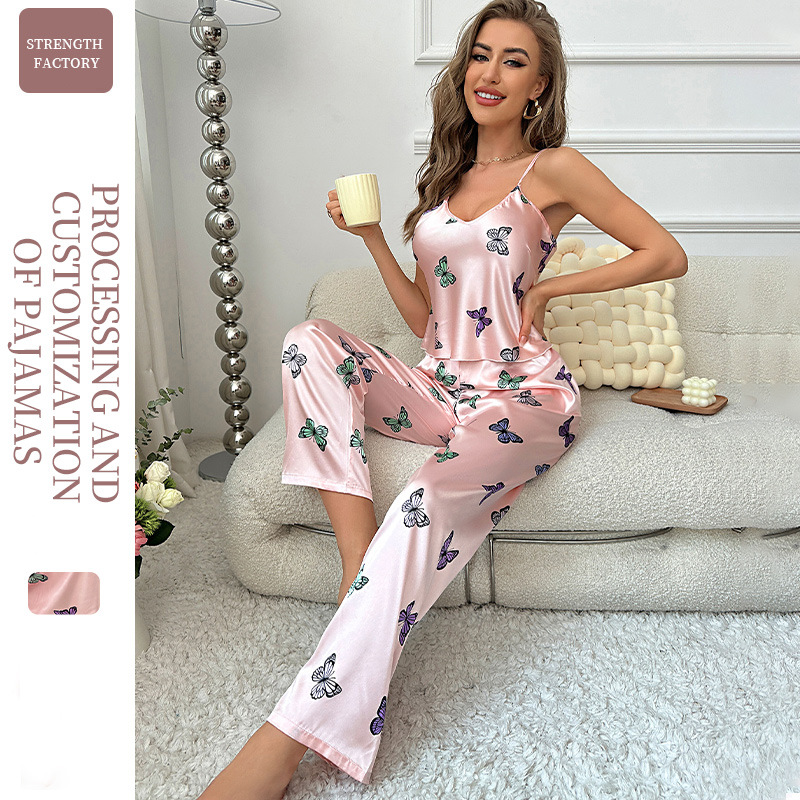 Cross-Border Foreign Trade Pajamas Women's 2023 New Suspender Dress Trousers Suit Fashion Artificial Silk Printed Homewear