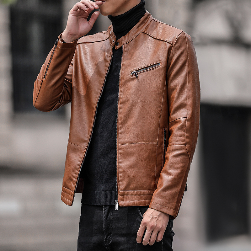 Men's Leather Jacket Korean Style Casual Jacket Men's Autumn Youth Pu Leather Slim Fit Motorcycle Clothing Stand Collar Jacket Men's Clothing Wholesale