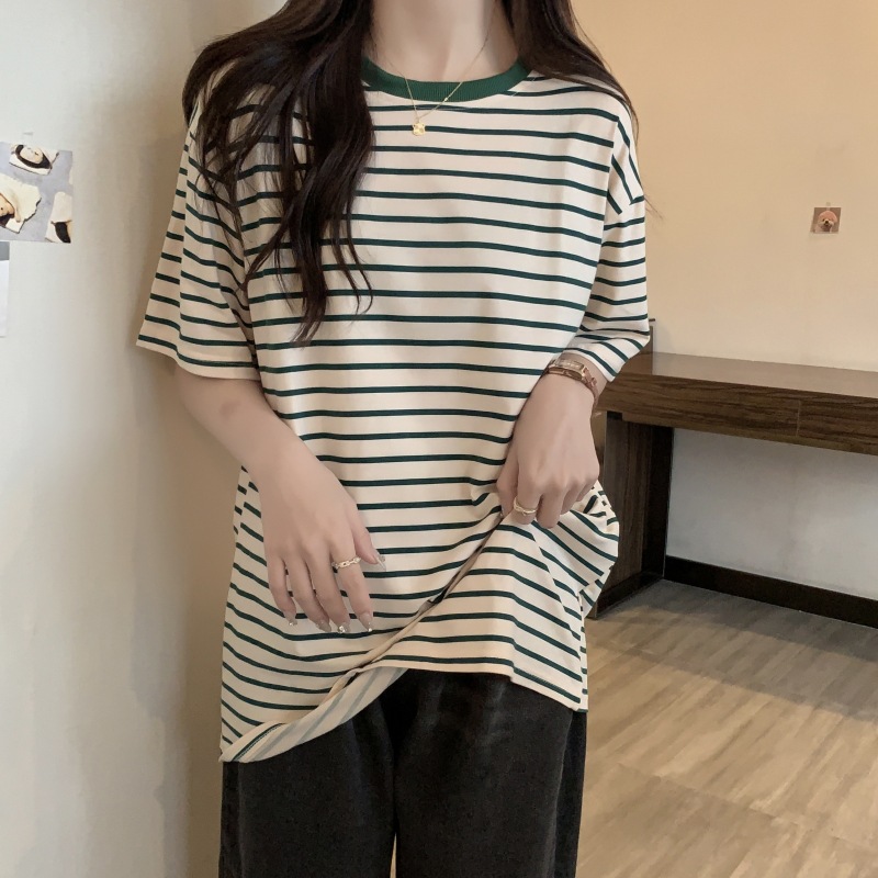 夏装条纹短袖t恤女2024新款中长款宽松大码女装圆领短袖衣服批发