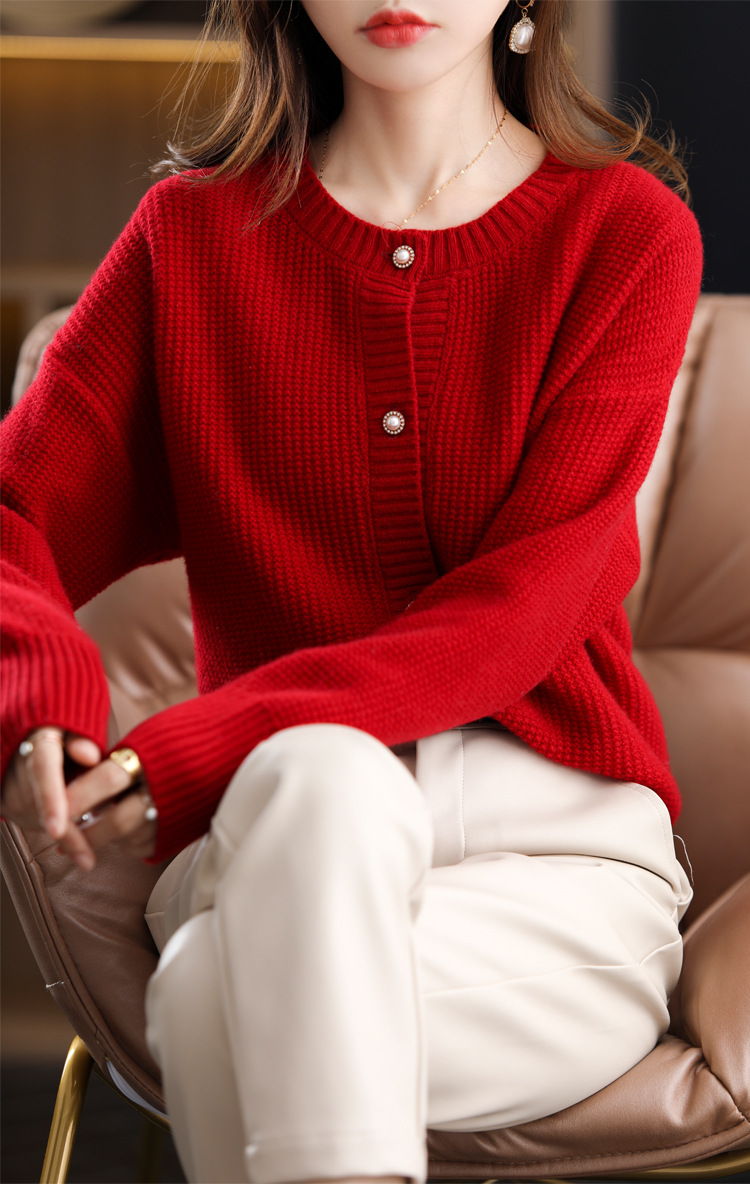 秋冬新款羊绒衫女v领桂花针毛衣外套加厚短款纯色羊毛衫针织外搭