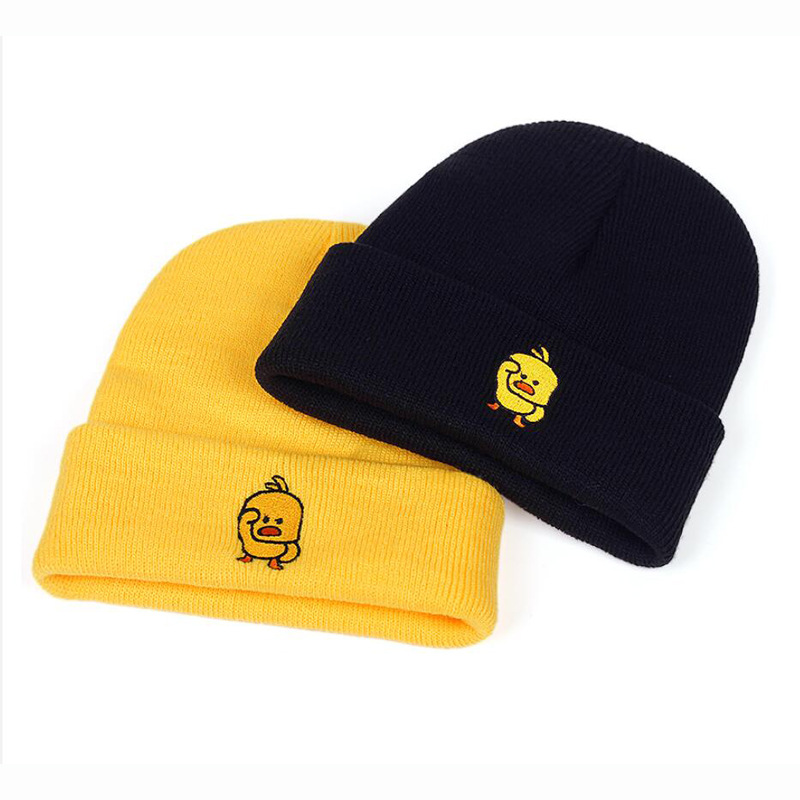 New Europe and America Cross Border Small Yellow Duck Embroidered Woolen Knitted Hat Men's and Women's Autumn and Winter Fashion Warm Hat Cold Hat