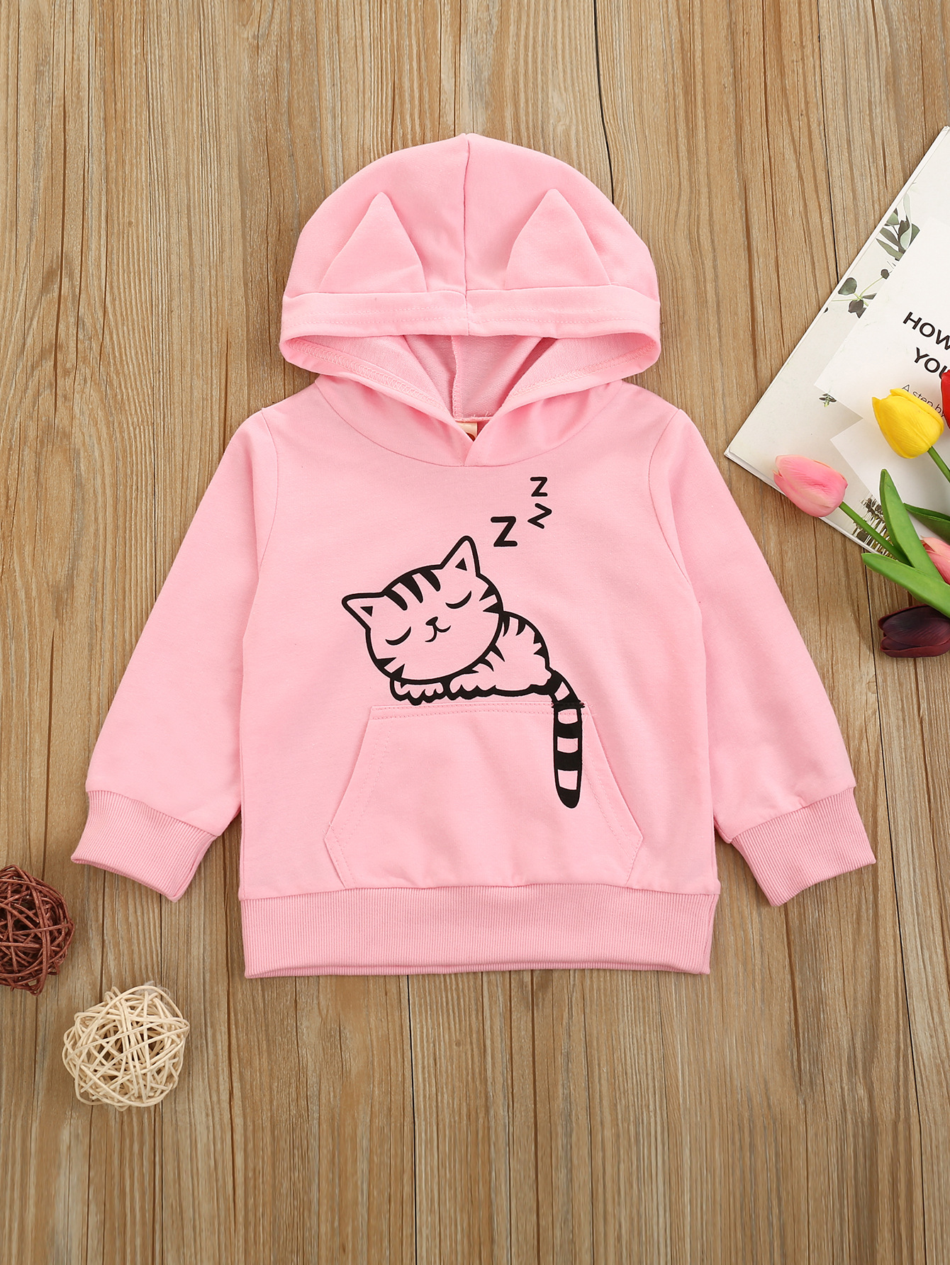 外贸童装春季连帽粉色卡通猫咪韩版连帽女童卫衣长袖上衣一件代发