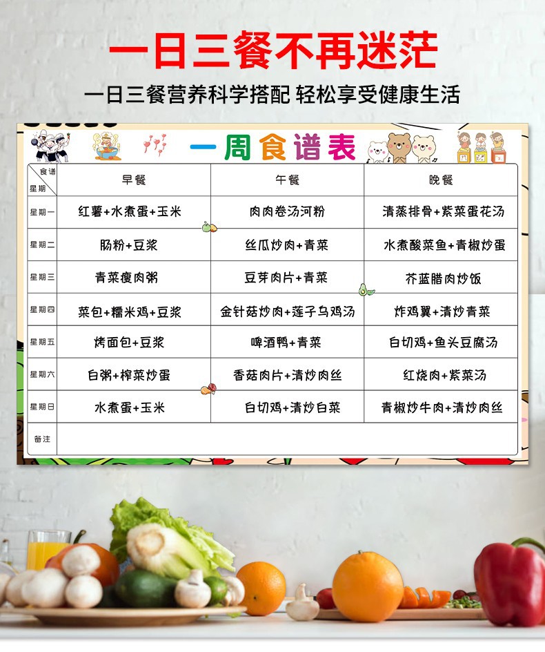 一周食谱表墙贴宝宝辅食记录表冰箱留言减肥打卡计划表成人自律表