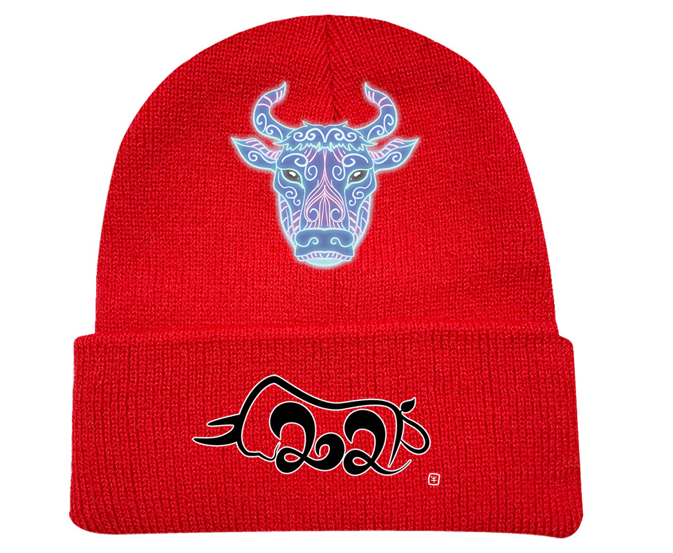 牛年跨境针织帽女 2021新款现货帽子百搭印花情侣定制保暖线绒帽