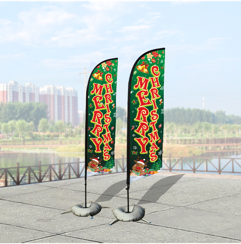 跨境新款圣诞节沙滩旗 节日户外氛围彩旗羽毛旗旗杆厂家水滴刀旗