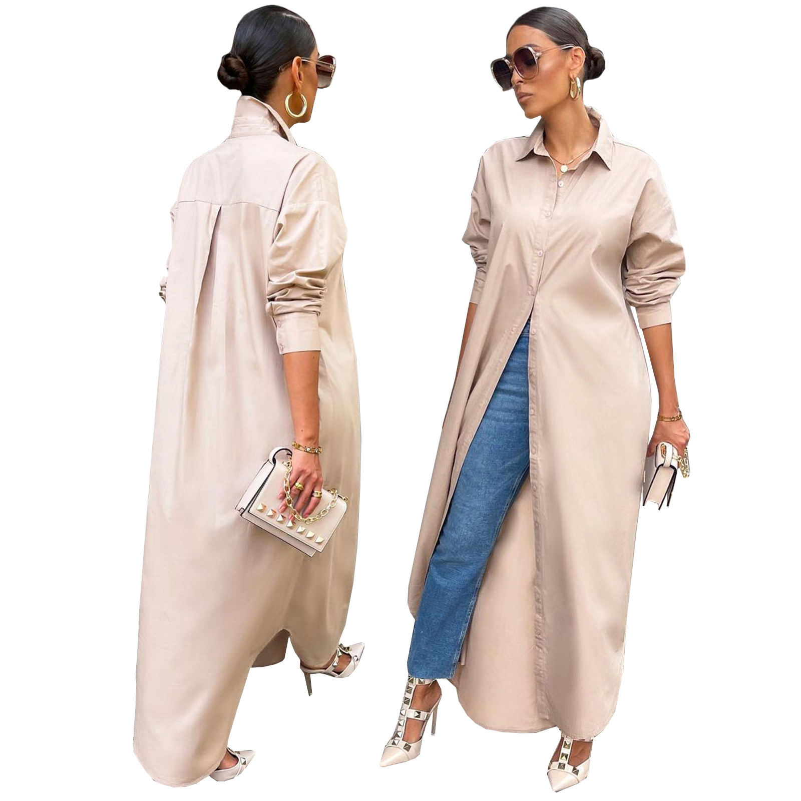 10077 European and American Women's Clothing Autumn and Winter New Fashion Casual Solid Color Long Shirt Coat