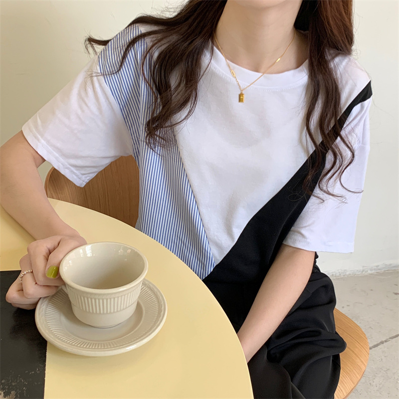 Color Matching Short-Sleeved T-shirt for Women 2023 Summer New Korean Style Sense of Design Striped Stitching Gentle Chic Top Fashion