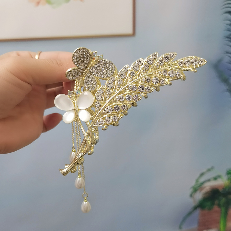 new retro pearl tassel butterfly gripper female updo shark clip hairpin headdress