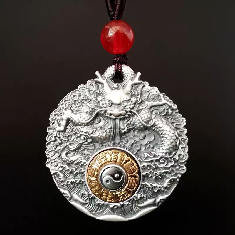 999纯银男士霸气复古吊坠 可转动八卦转运龙生肖项链银挂坠保平安