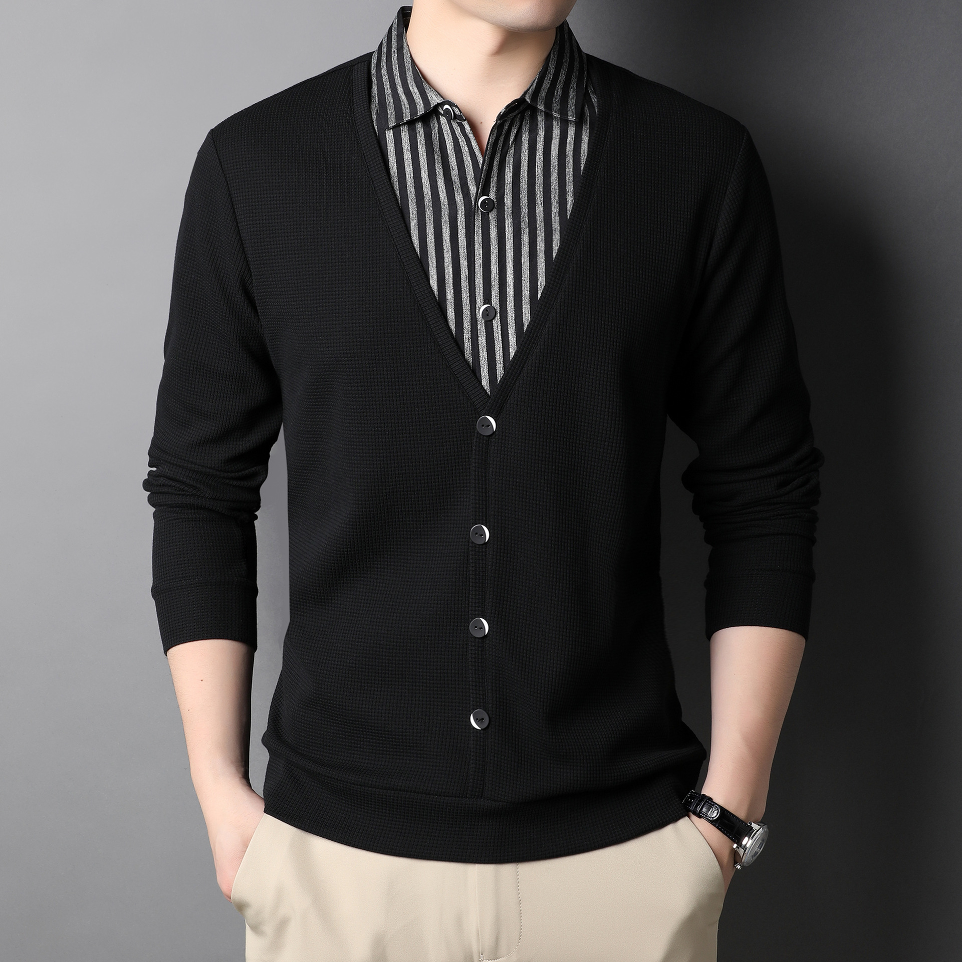 假两件男装2022春季新款长袖衬衫领条纹中年商务休闲针织上衣男