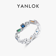 YANLOK S925彩色方糖戒指小众复古独特设计感戒指女高级个性潮ins