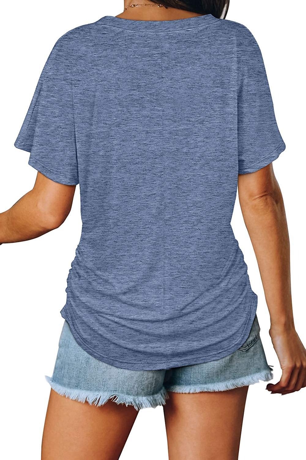 carne卡妮亚马逊跨境女上衣 欧美纯色蝙蝠袖侧面抽褶v领短袖t恤女