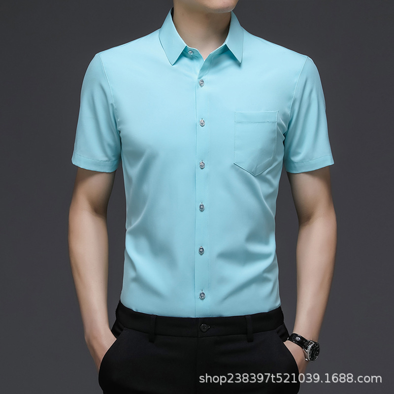 2023夏季男士职业装现货青年翻领修身型工作服纯色薄款短袖衬衫