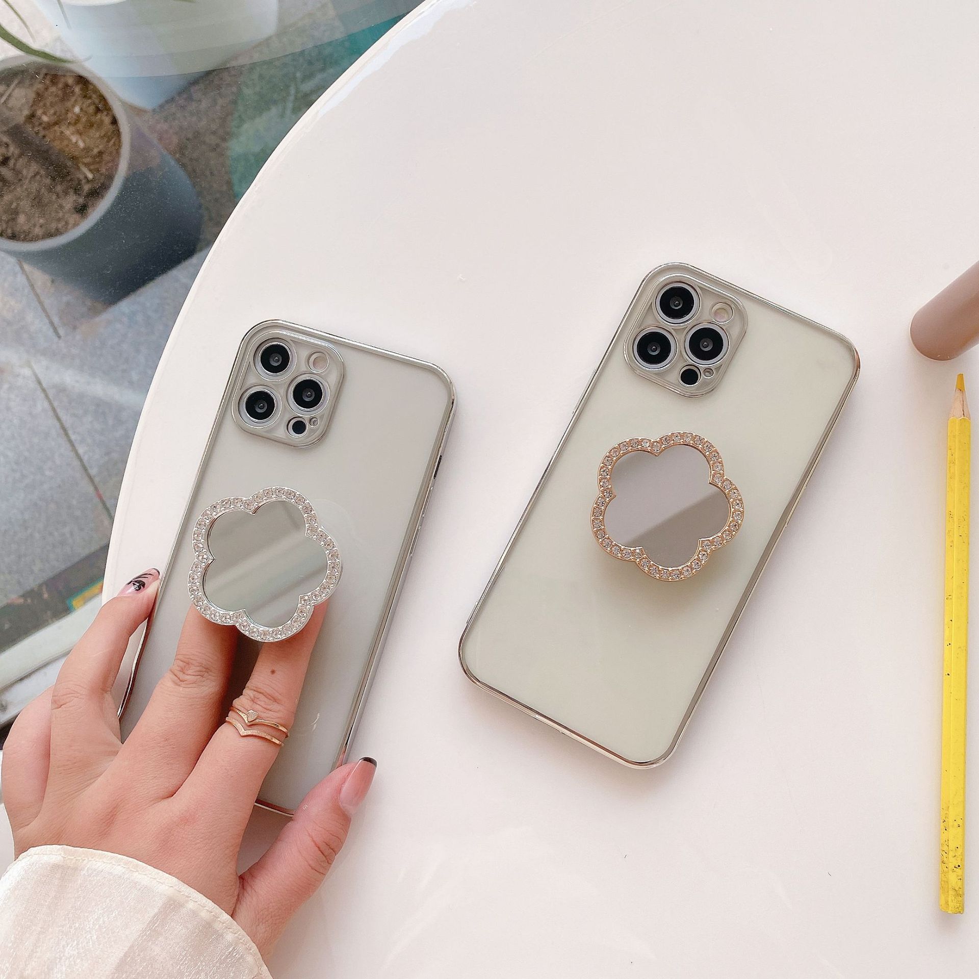 电镀山茶花镜子支架适用苹果12pro max新款iphone11pro/xs女8plus