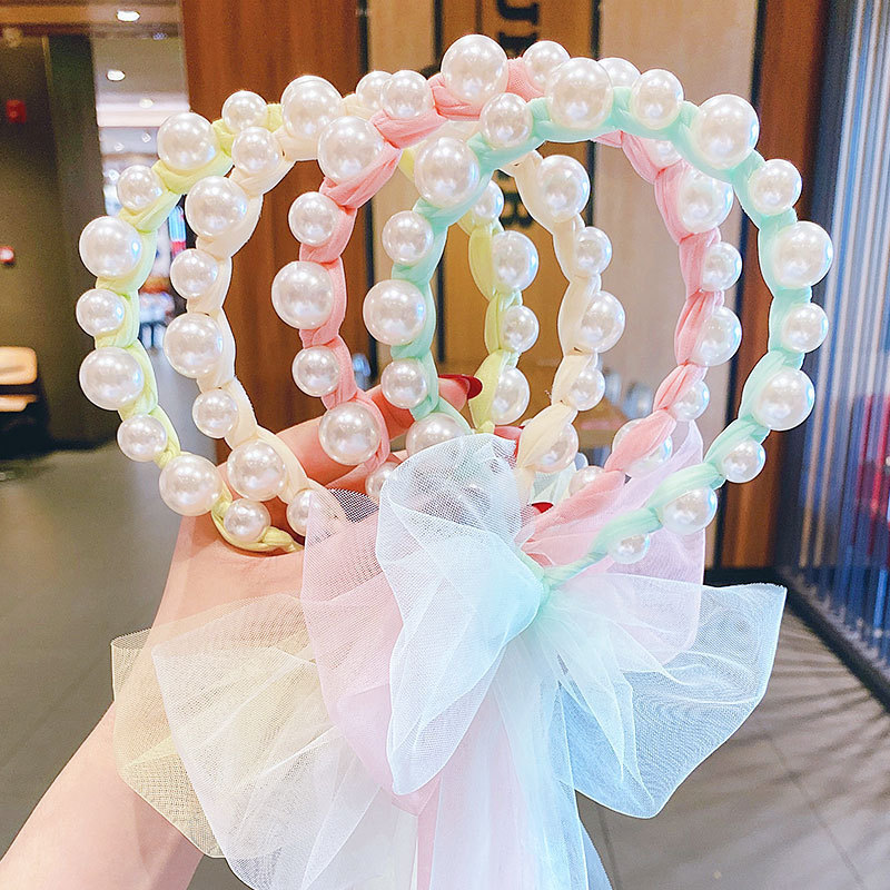 Yingmin Accessory Children's Pearl Streamer Headband Korean Head Princess Mesh Ponytail Headband Girls Bow Tie Hair Cute Headwear Hair Accessories