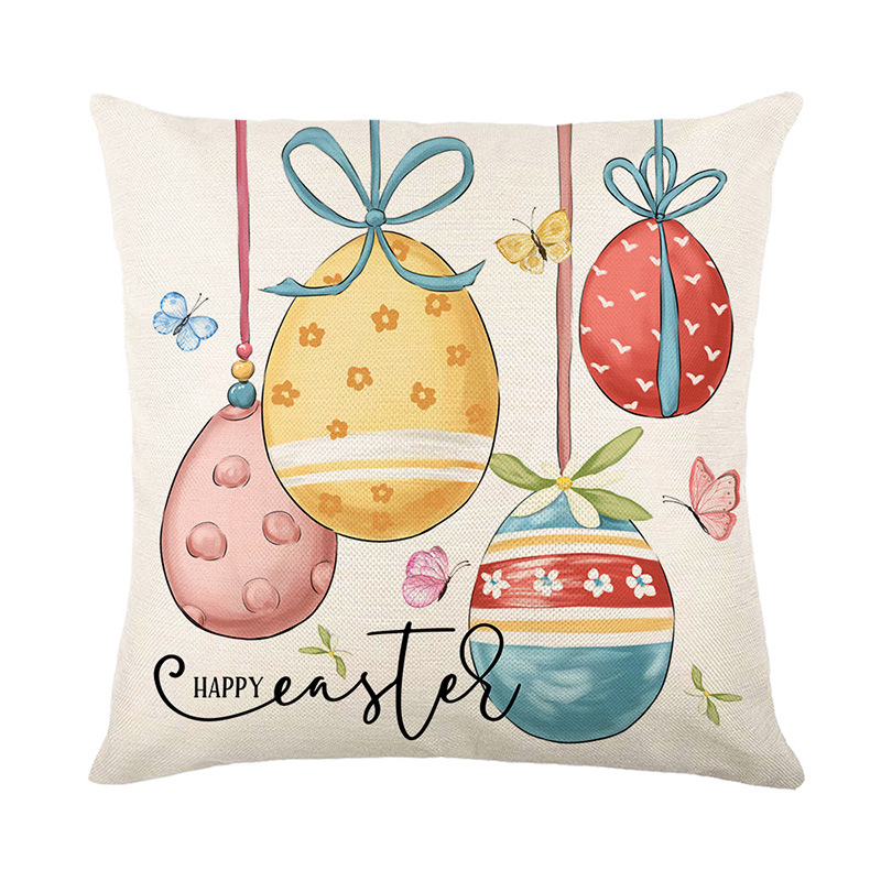 2024 New Easter Pillow Cover Temu Cross-Border Home Sofa Cushion Cover Letters Colorful Egg Linen Throw Pillowcase