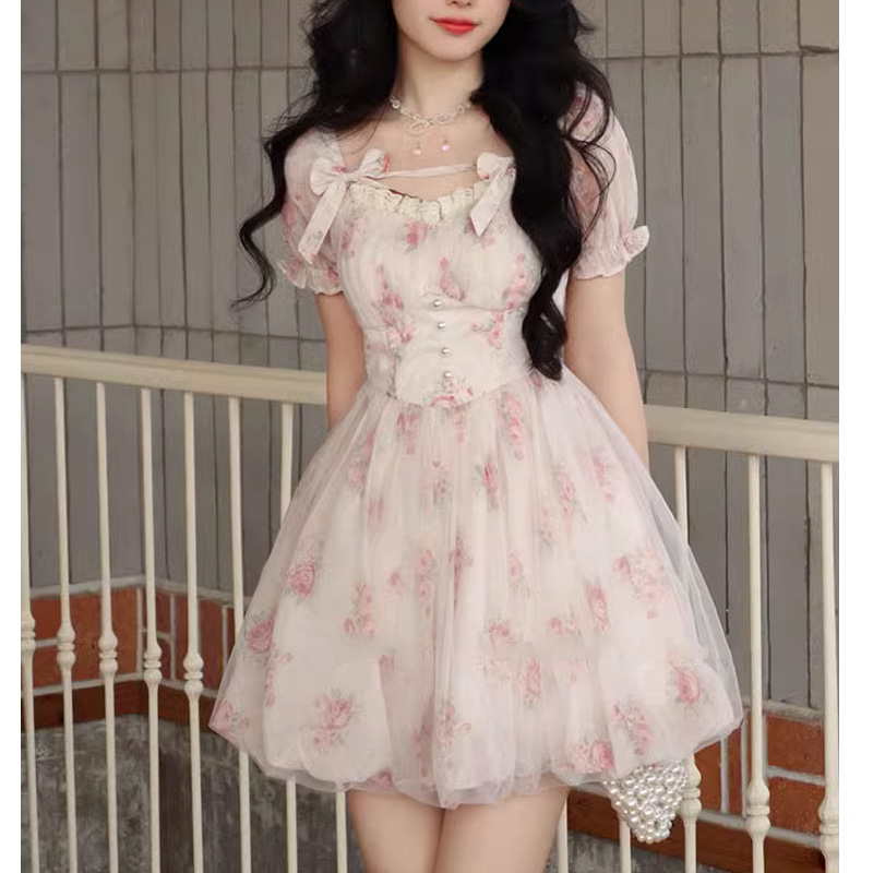 甜芋芝士 粉色碎花短裙甜美蝴蝶结短袖连衣裙女潮2024年夏季新款