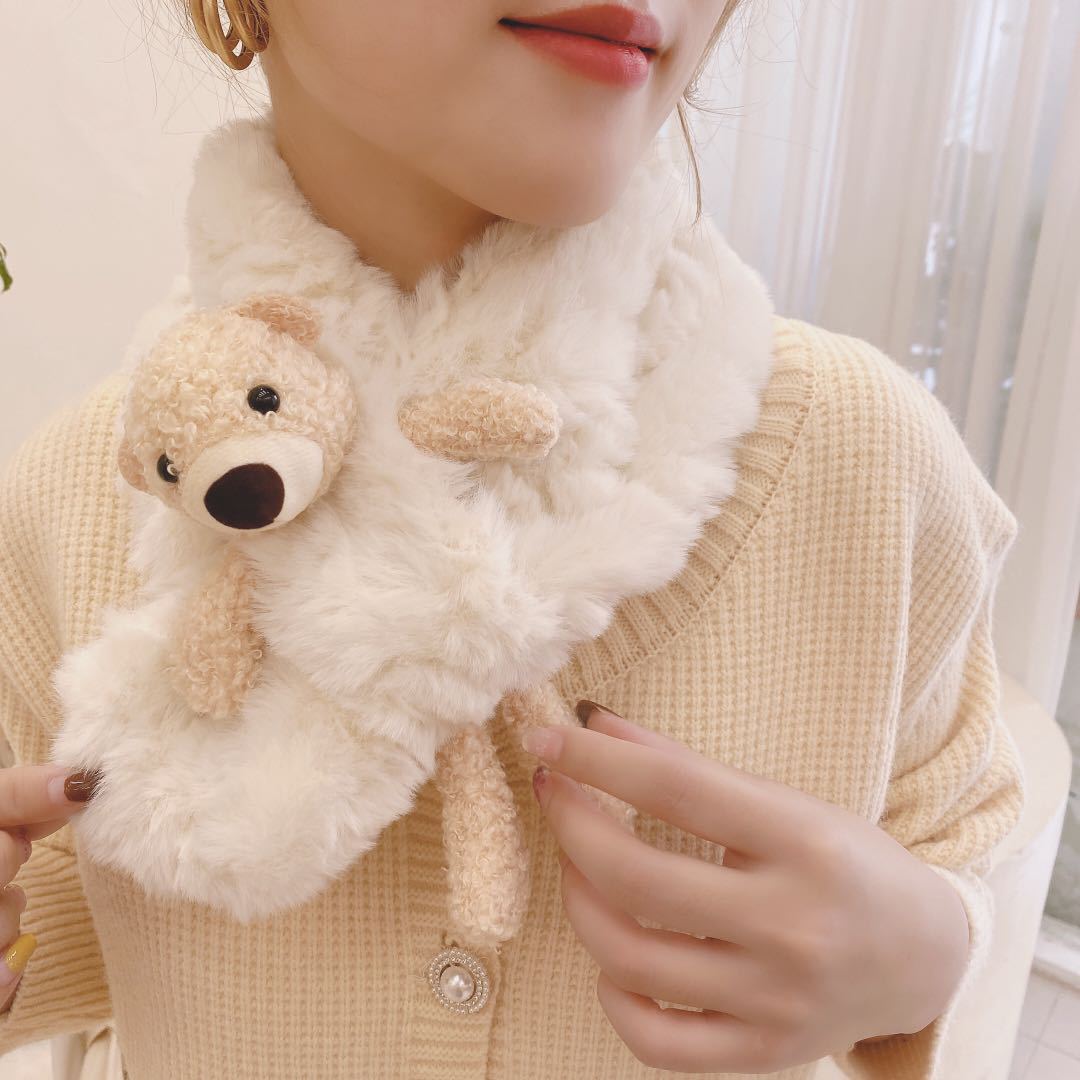 Autumn and Winter New Cute Bear Fur Scarf Female Korean Style Ins All-Matching Warm Thick Plush Fur Collar Scarf