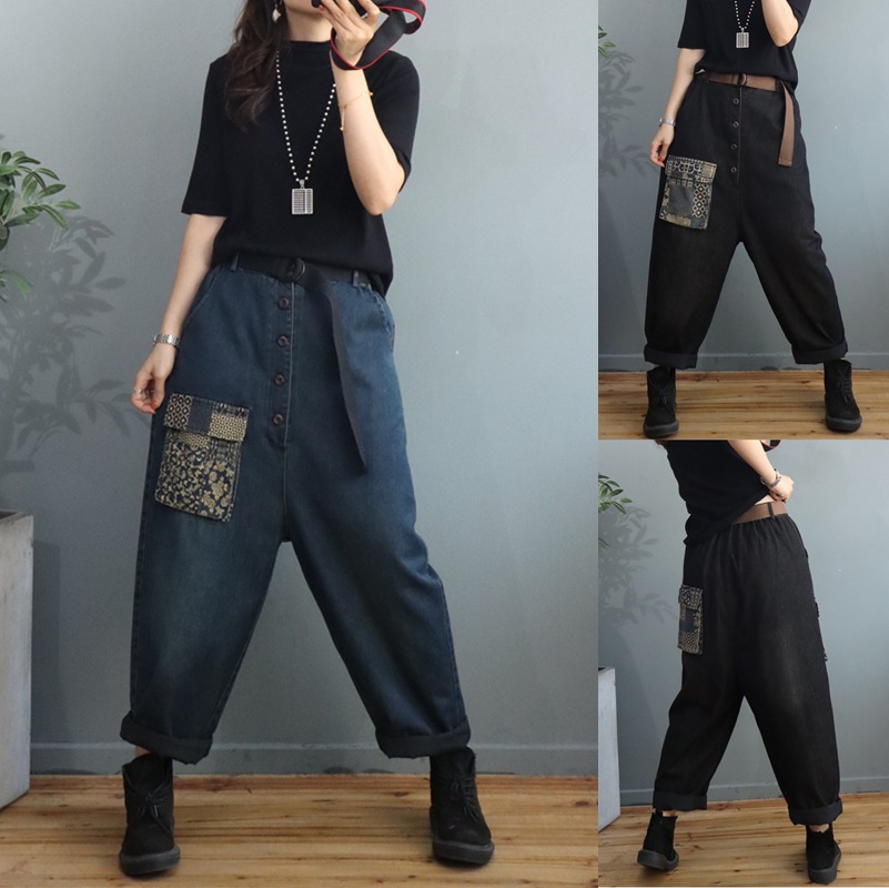 个性时尚夹棉加厚牛仔垮裤女2020冬季新款宽松排扣配腰带大裆裤潮