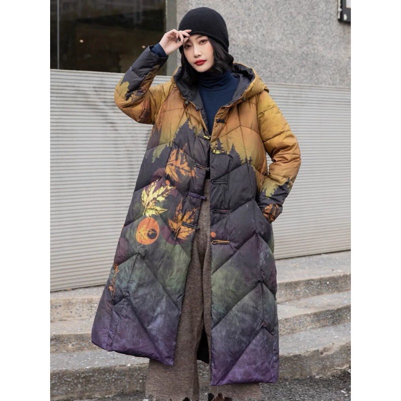 羽绒服女新款羽绒服加厚宽松复古印花民族风中长款中国风女装
