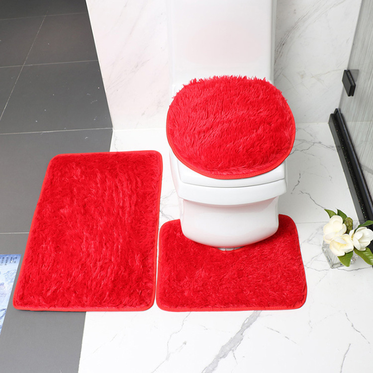 Solid Color Plush Toilet Three-Piece Floor Mat Bathroom Toilet Silk Wool Floor Mat Suit PV Fleece Carpet