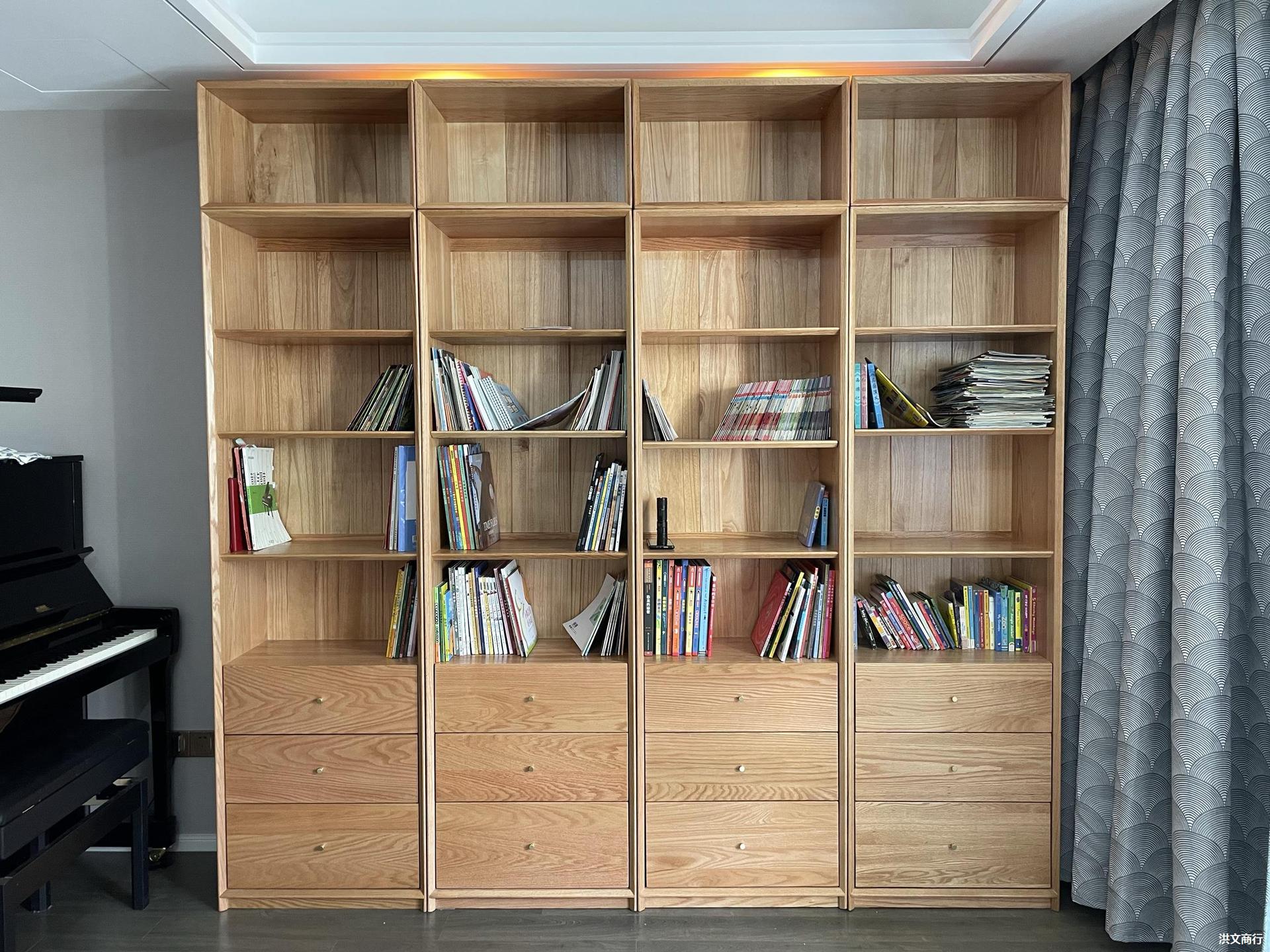 日式北欧红橡大料全实木带门书柜橡木书架钢化玻璃门书橱简约半岛