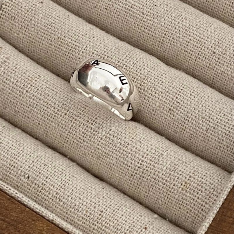 s925纯银英文字母大光面戒指女亮银色椭圆重工开口指环2024年春秋