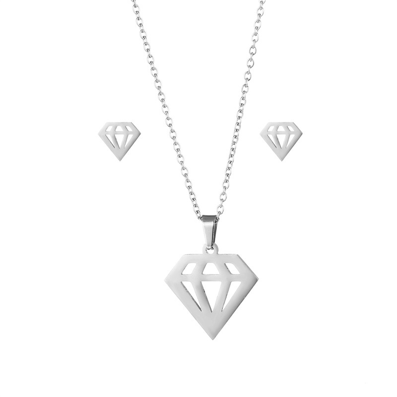 European and American Street Trends Hip Hop Necklace Diamond Mark Shape Glossy Pendant Earings Set Stainless Steel Glossy Pendant