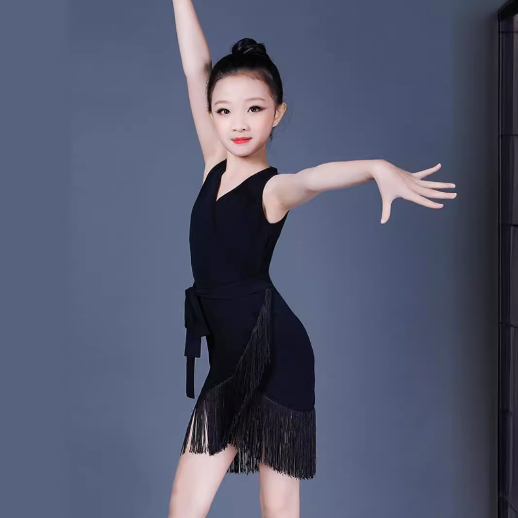 儿童拉丁舞服女童练功服少儿比赛舞蹈裙夏流苏新款规定拉丁演出服