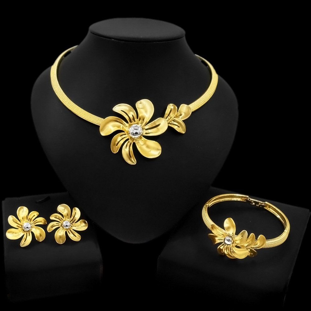 时尚电镀迪拜黄金锌合金首饰套装项链手链耳环戒指三件套 女