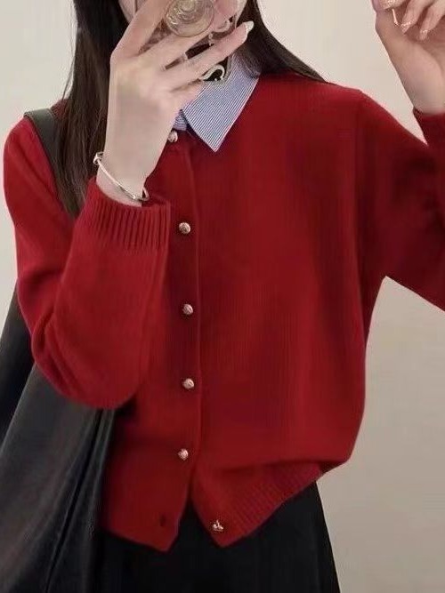Preppy Style Spring New Sweater Fashion Temperament Lapel Fake Two Pieces Cardigan All-Match Long-Sleeved Sweater Top Fashion Women Clothes