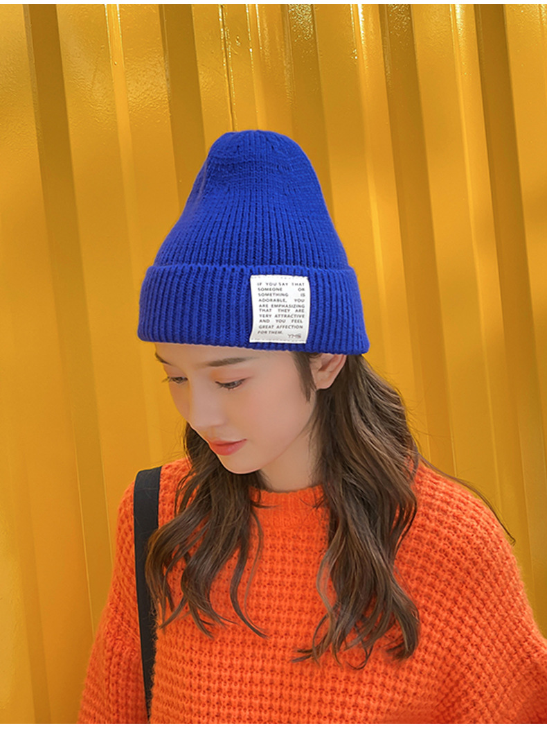 2021韩版冬季爆款帽子女日系ins贴标尖顶帽针织毛线帽春秋保暖帽