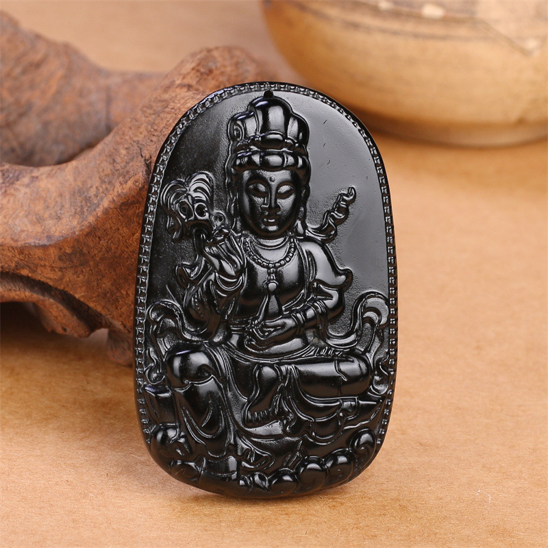 黑曜石拂柳观音菩萨吊坠天然水晶宝瓶观世音慈像挂坠男女通用项链